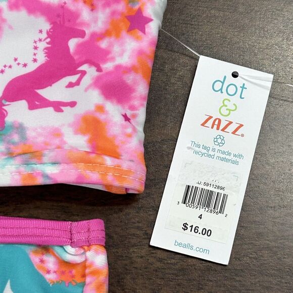 NEW Girls Sz 4 Unicorn Bathing Suit 2 PC dot & ZAZZ Swim Pink Orange Green - Picture 7 of 7